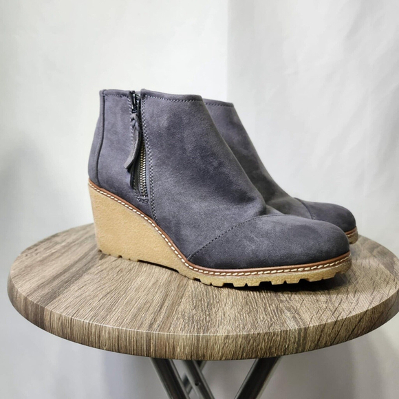 TOMS Shoes - Toms Grey Faux Suede Wedge Heel Ankle Side Zip Booties Shoe size 10